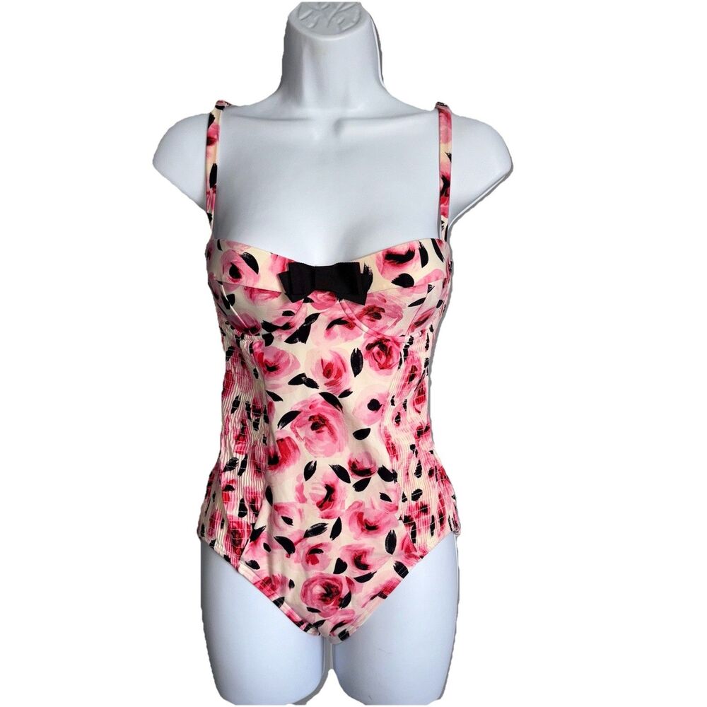 Kate Spade Pink Floral One Piece Swimsuit Bay of Roses Size XS Smocked Stretch - Picture 2 of 16